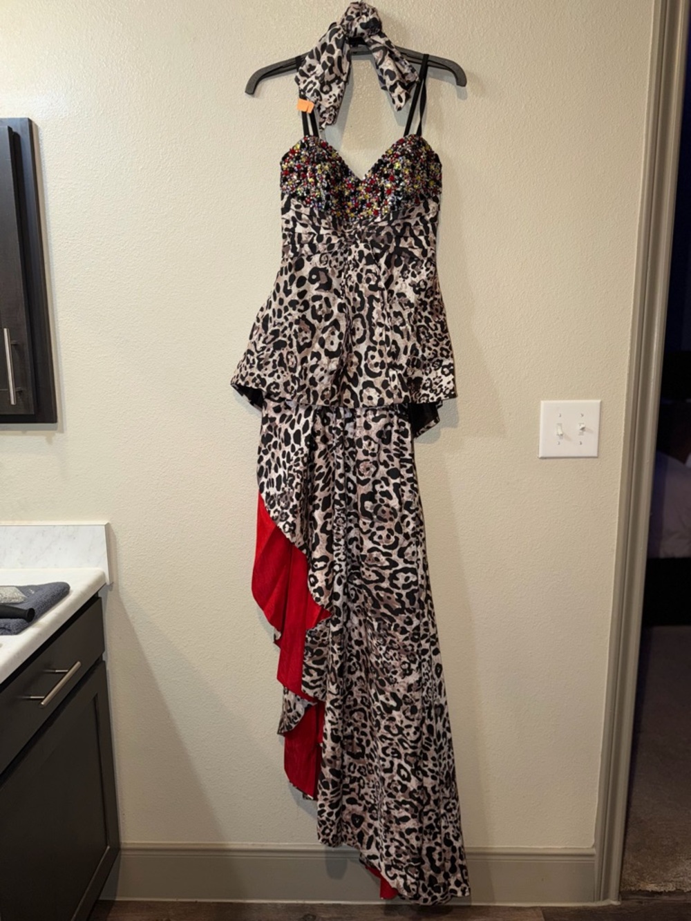 Leopard Print High-Low Halter Dress with Red Ruffle
